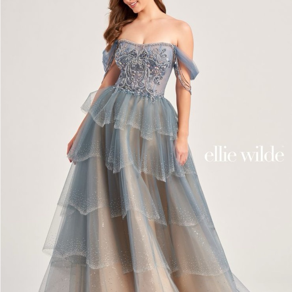 Ellie Wilde Blue Off-Shoulder Gown - Picture 3 of 4